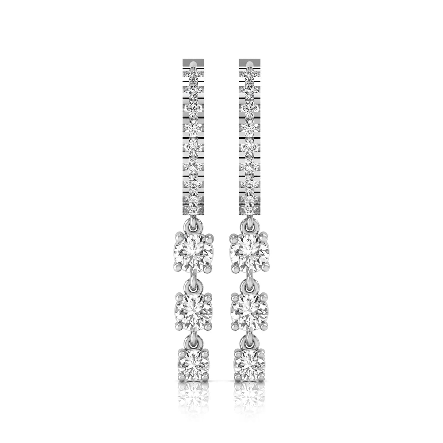 white gold Round cut lab grown diamond three-stone drop hoop earrings with hinged hoop closure