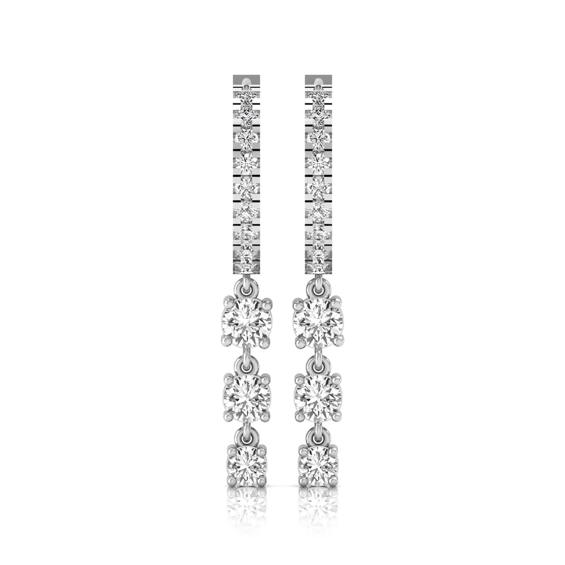 white gold Round cut lab grown diamond three-stone drop hoop earrings with hinged hoop closure
