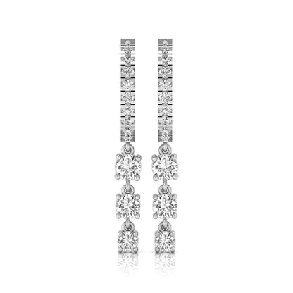 white gold Round cut lab grown diamond three-stone drop hoop earrings with hinged hoop closure