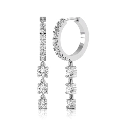 white gold Round cut lab grown diamond three-stone drop hoop earrings with hinged hoop closure
