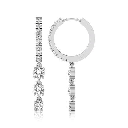 white gold Round cut lab grown diamond three-stone drop hoop earrings with hinged hoop closure