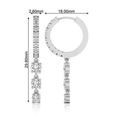 white gold Round cut lab grown diamond three-stone drop hoop earrings with hinged hoop closure
