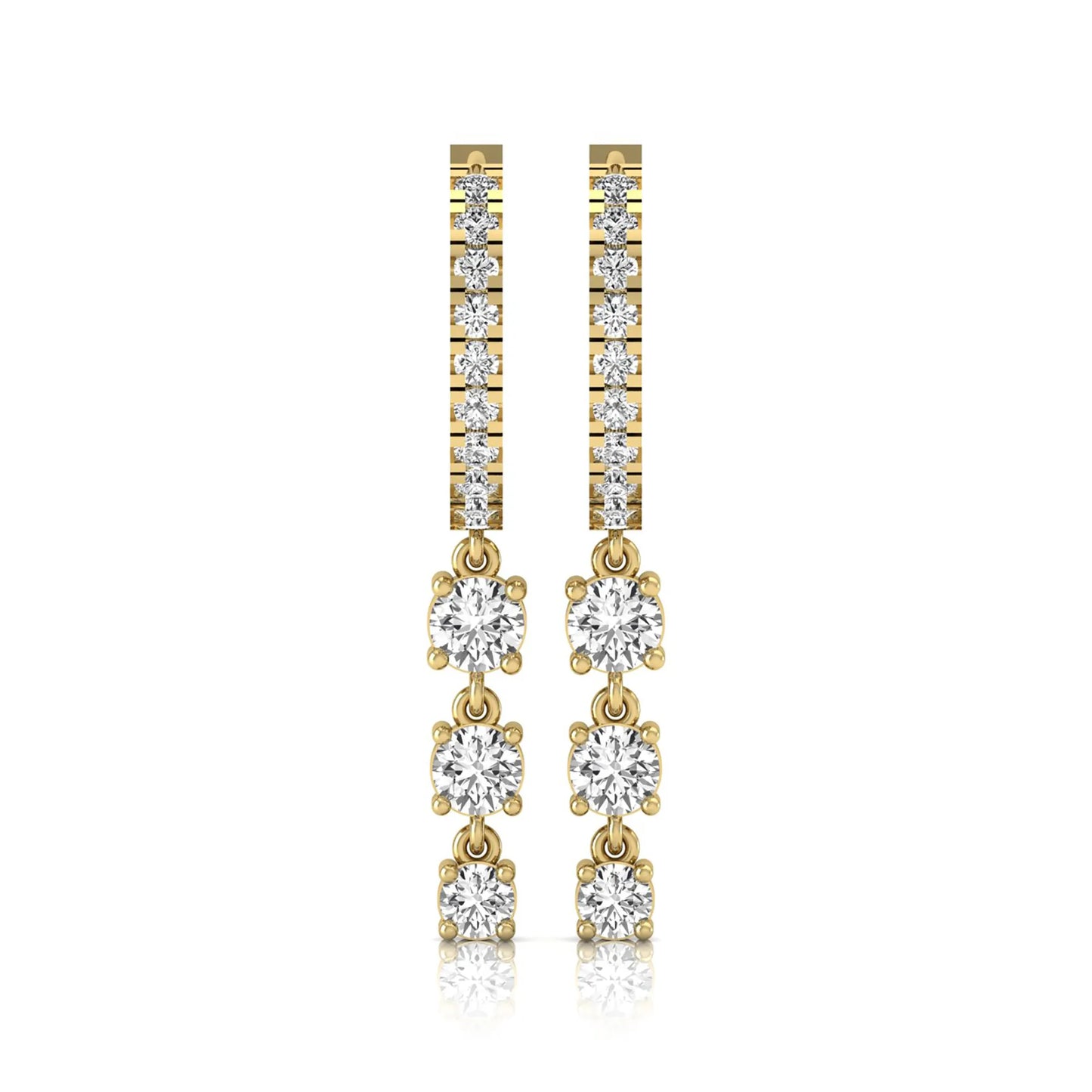 yellow gold Round cut lab grown diamond three-stone drop hoop earrings with hinged hoop closure