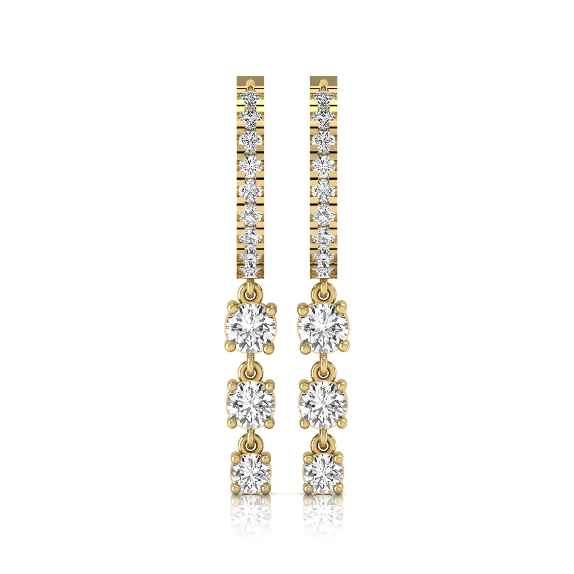 yellow gold Round cut lab grown diamond three-stone drop hoop earrings with hinged hoop closure
