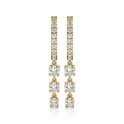 yellow gold Round cut lab grown diamond three-stone drop hoop earrings with hinged hoop closure