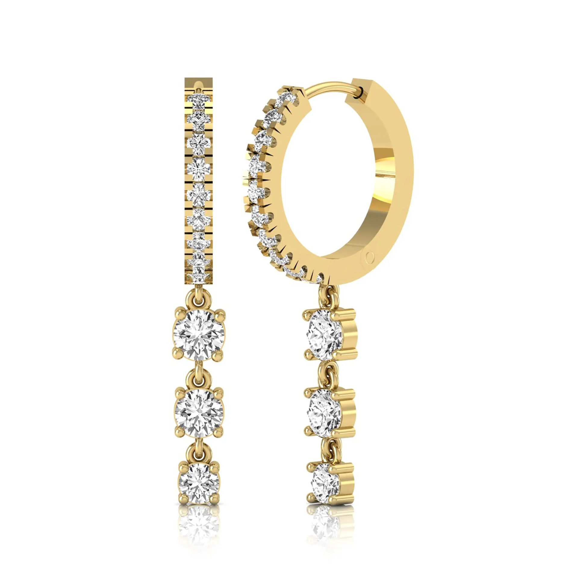 yellow gold Round cut lab grown diamond three-stone drop hoop earrings with hinged hoop closure