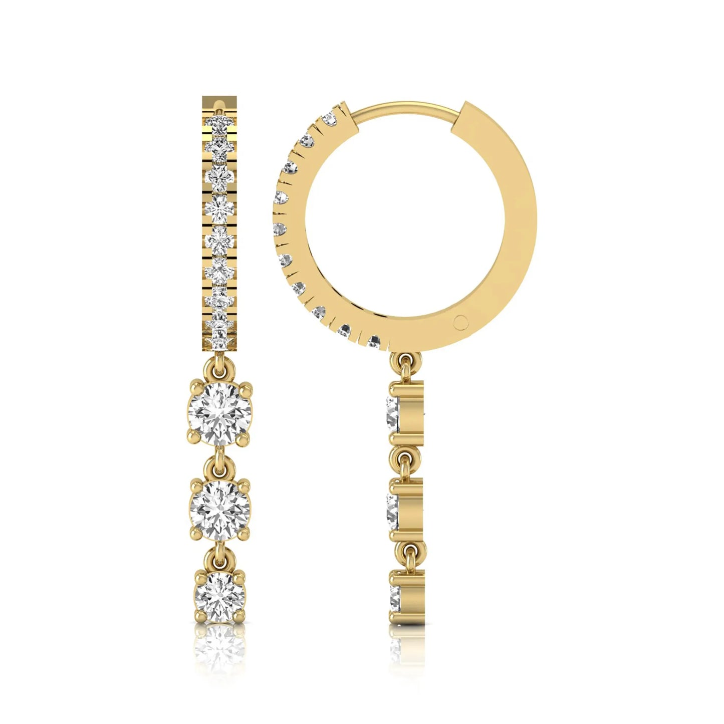 yellow gold Round cut lab grown diamond three-stone drop hoop earrings with hinged hoop closure