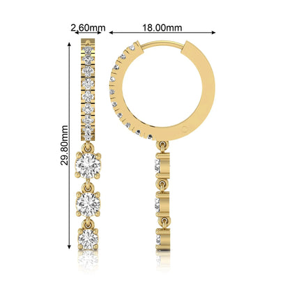 yellow gold Round cut lab grown diamond three-stone drop hoop earrings with hinged hoop closure