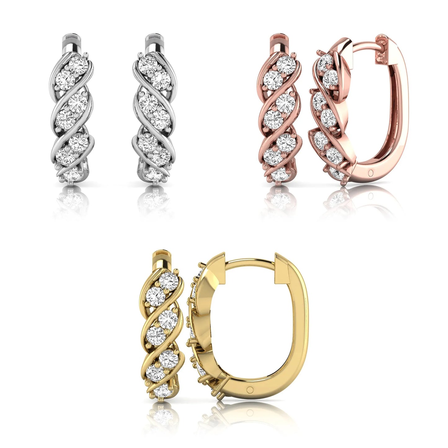 Set of gold, silver, and rose gold hoop earrings with diamond accents on a white background