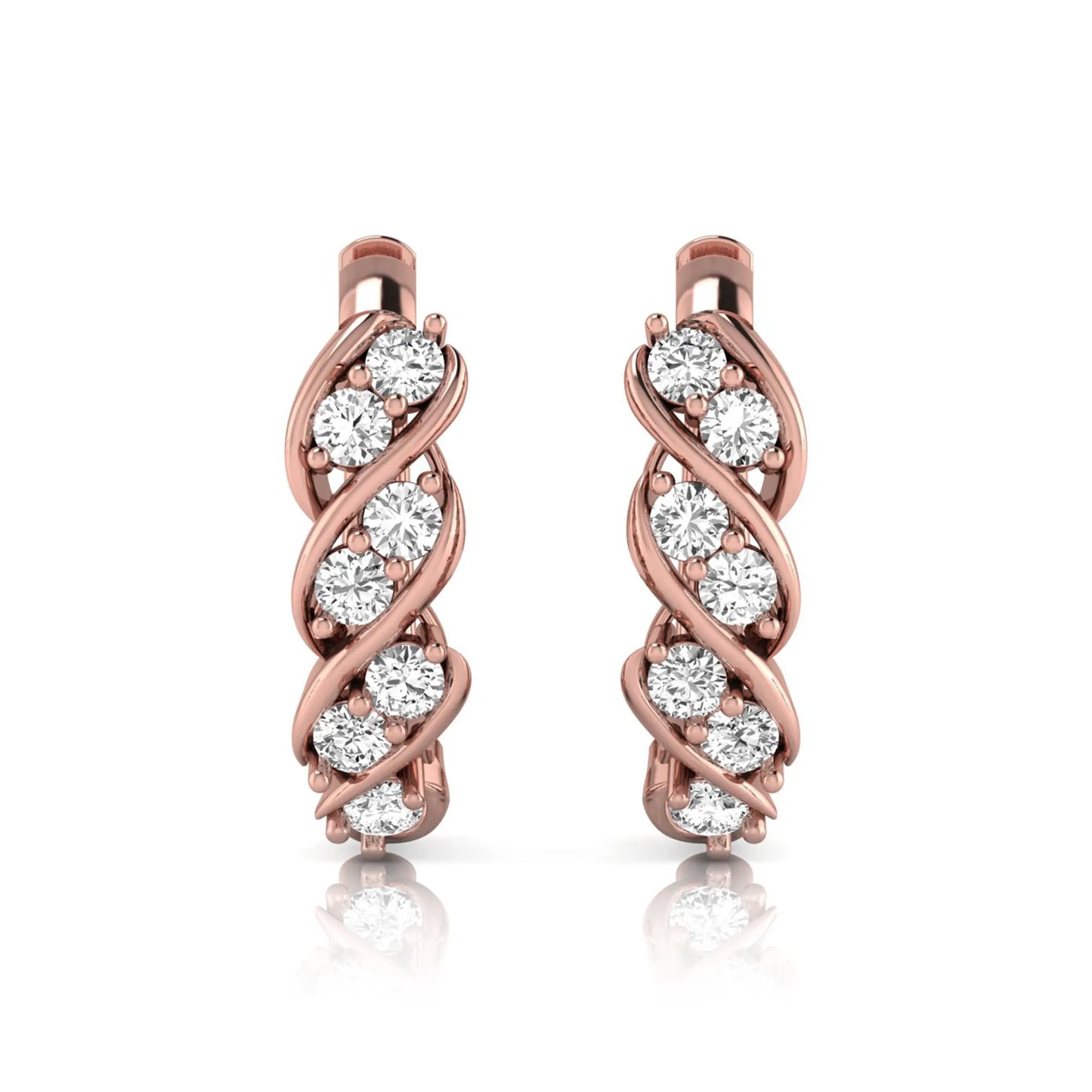 rose gold Round cut lab grown diamond twisted hoop earrings with prong setting and hinged hoop closure