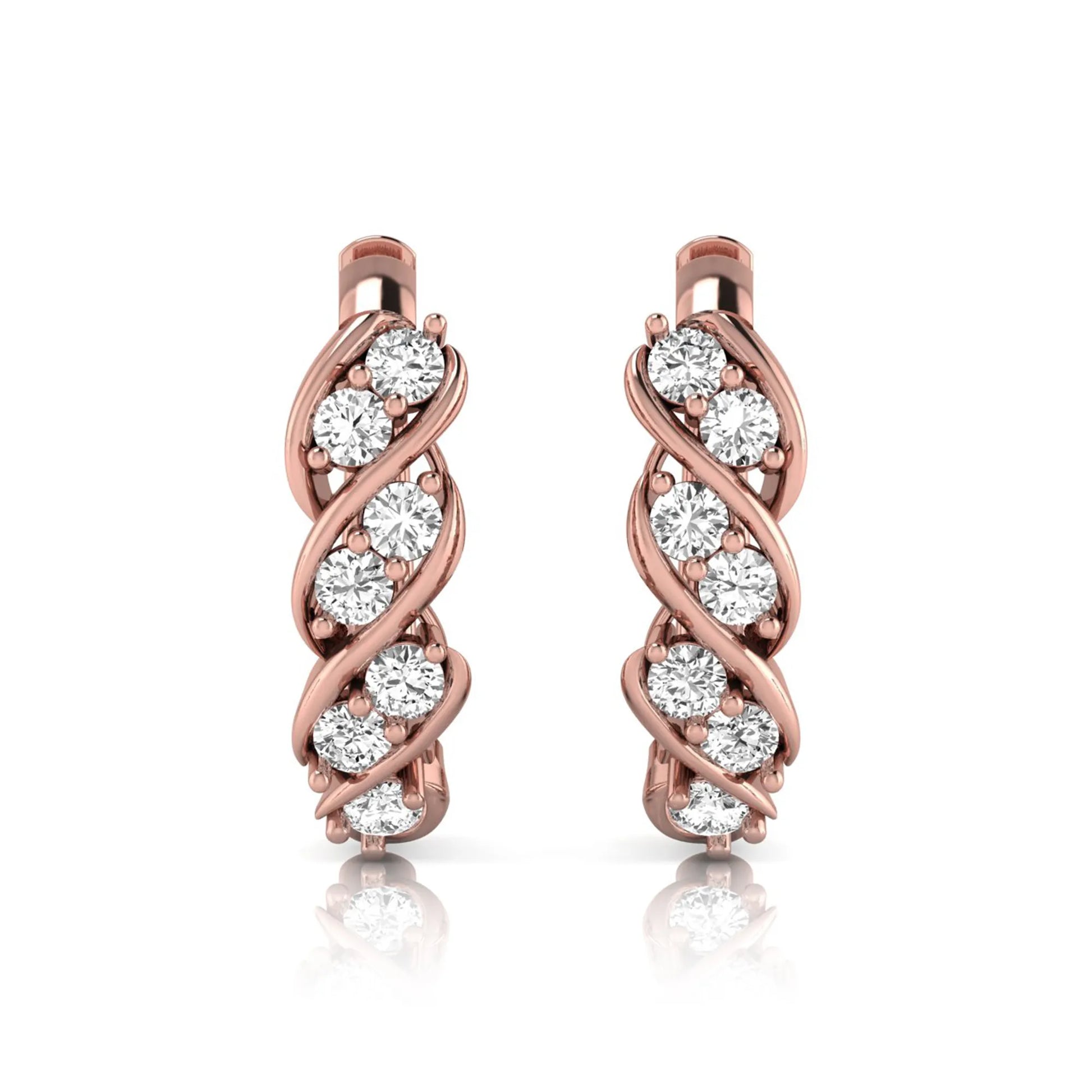 rose gold Round cut lab grown diamond twisted hoop earrings with prong setting and hinged hoop closure