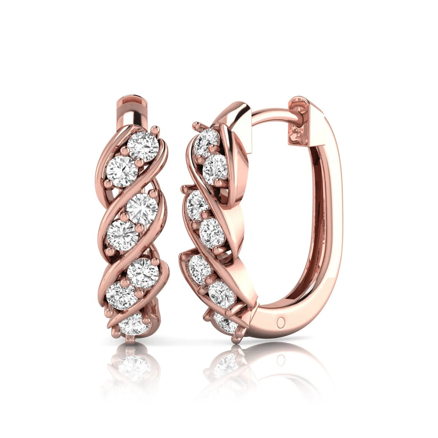 rose gold Round cut lab grown diamond twisted hoop earrings with prong setting and hinged hoop closure
