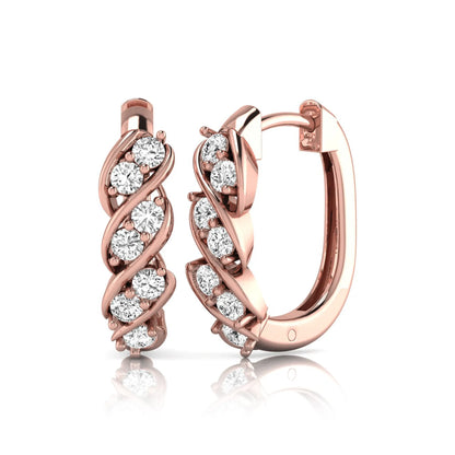 rose gold Round cut lab grown diamond twisted hoop earrings with prong setting and hinged hoop closure