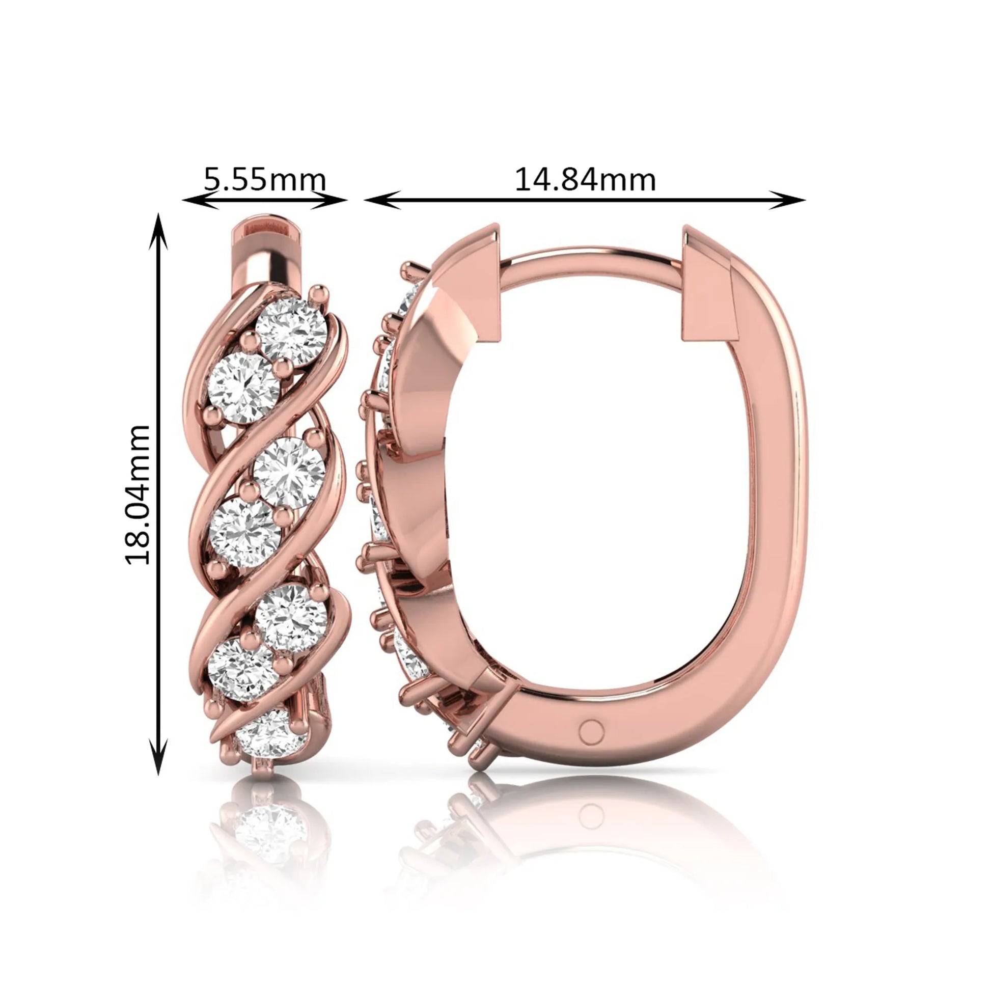 rose gold Round cut lab grown diamond twisted hoop earrings with prong setting and hinged hoop closure