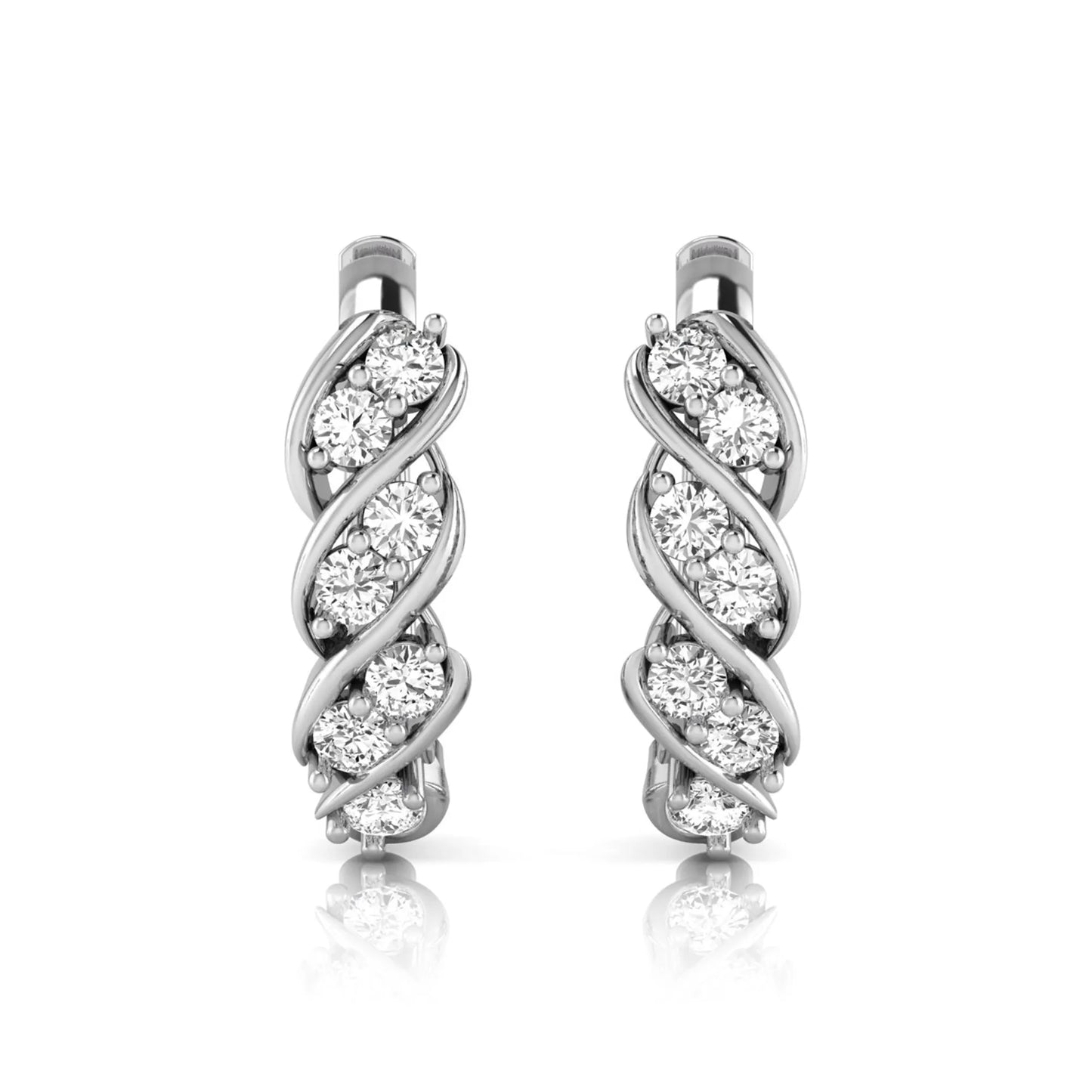 white gold Round cut lab grown diamond twisted hoop earrings with prong setting and hinged hoop closure
