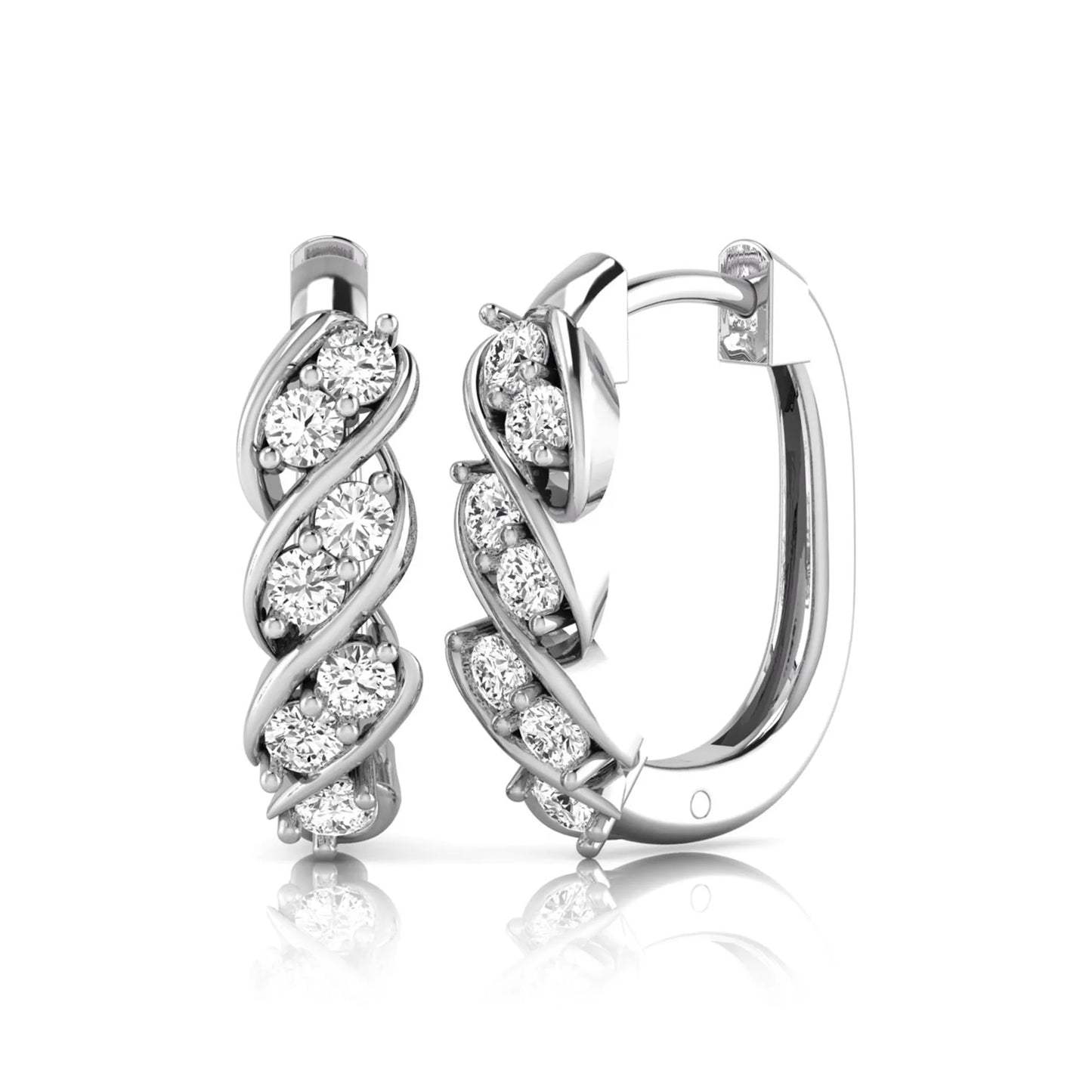 white gold Round cut lab grown diamond twisted hoop earrings with prong setting and hinged hoop closure