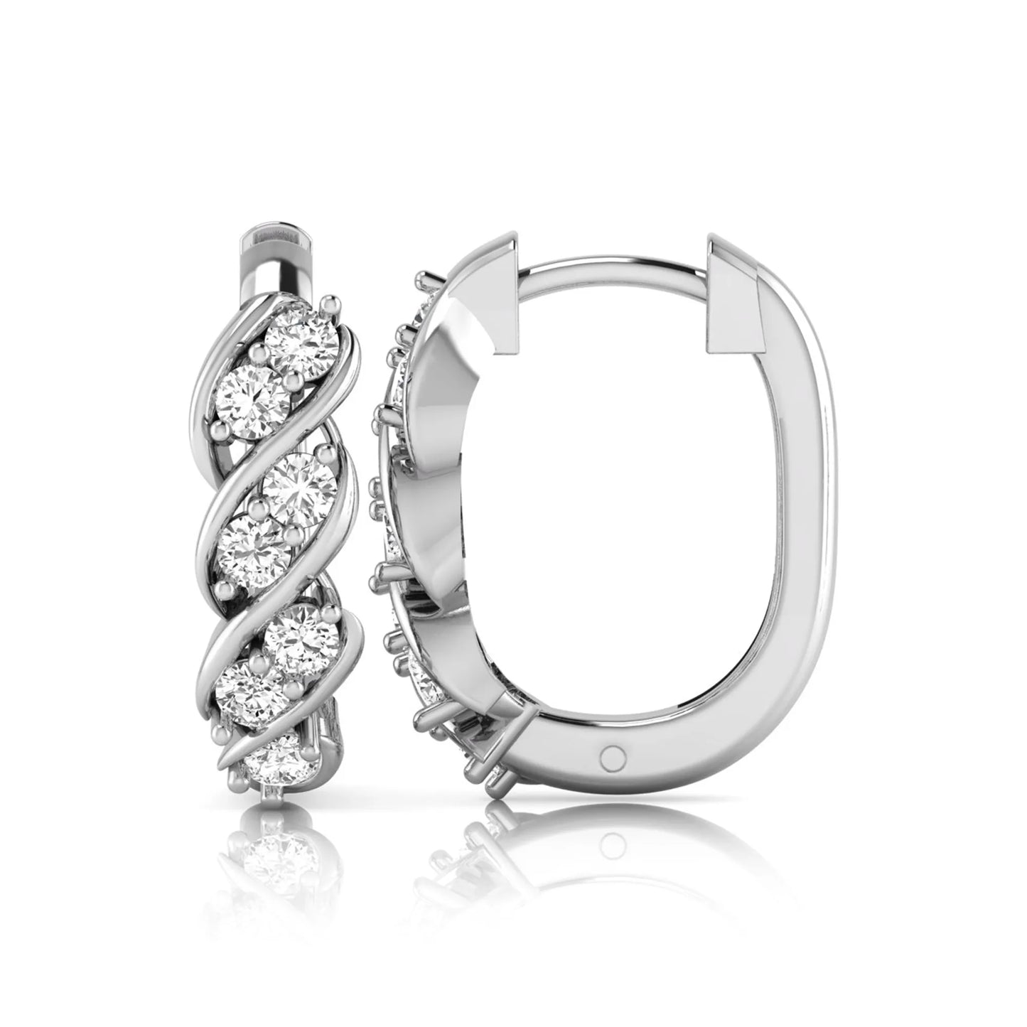 white gold Round cut lab grown diamond twisted hoop earrings with prong setting and hinged hoop closure