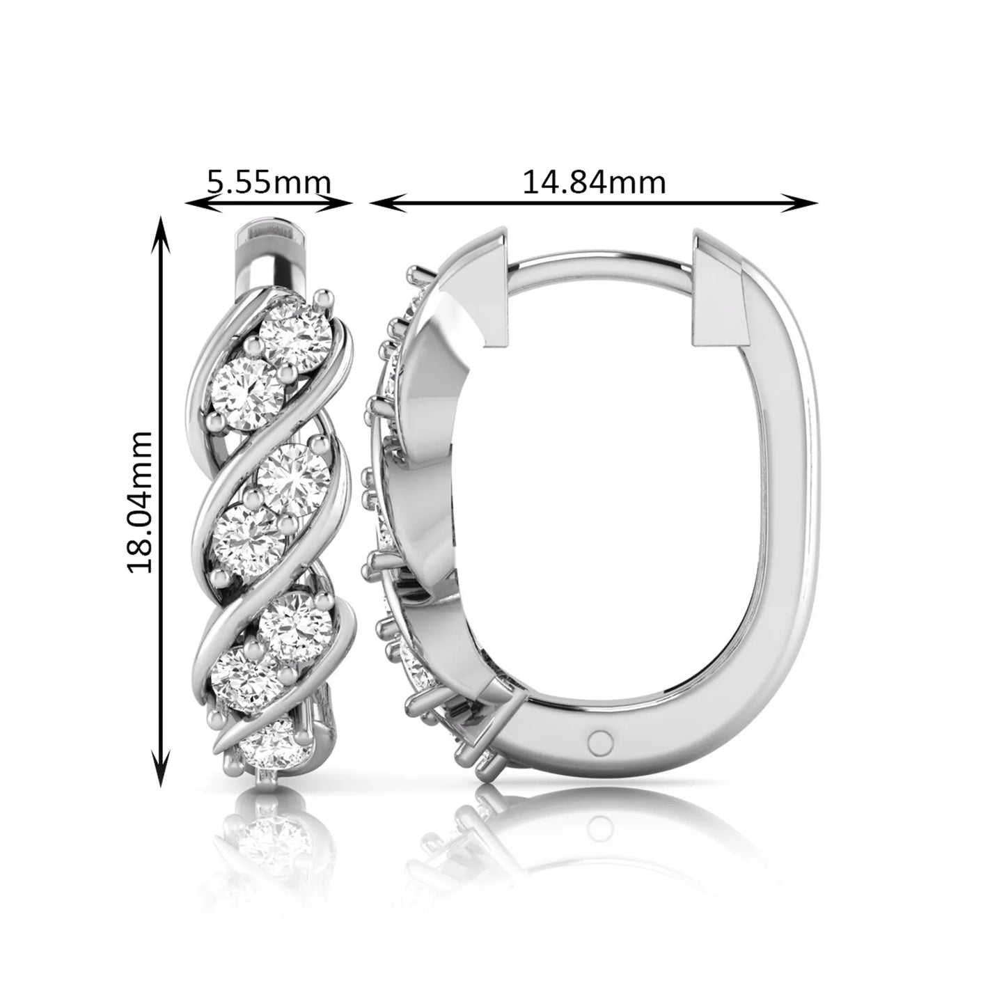 white gold Round cut lab grown diamond twisted hoop earrings with prong setting and hinged hoop closure