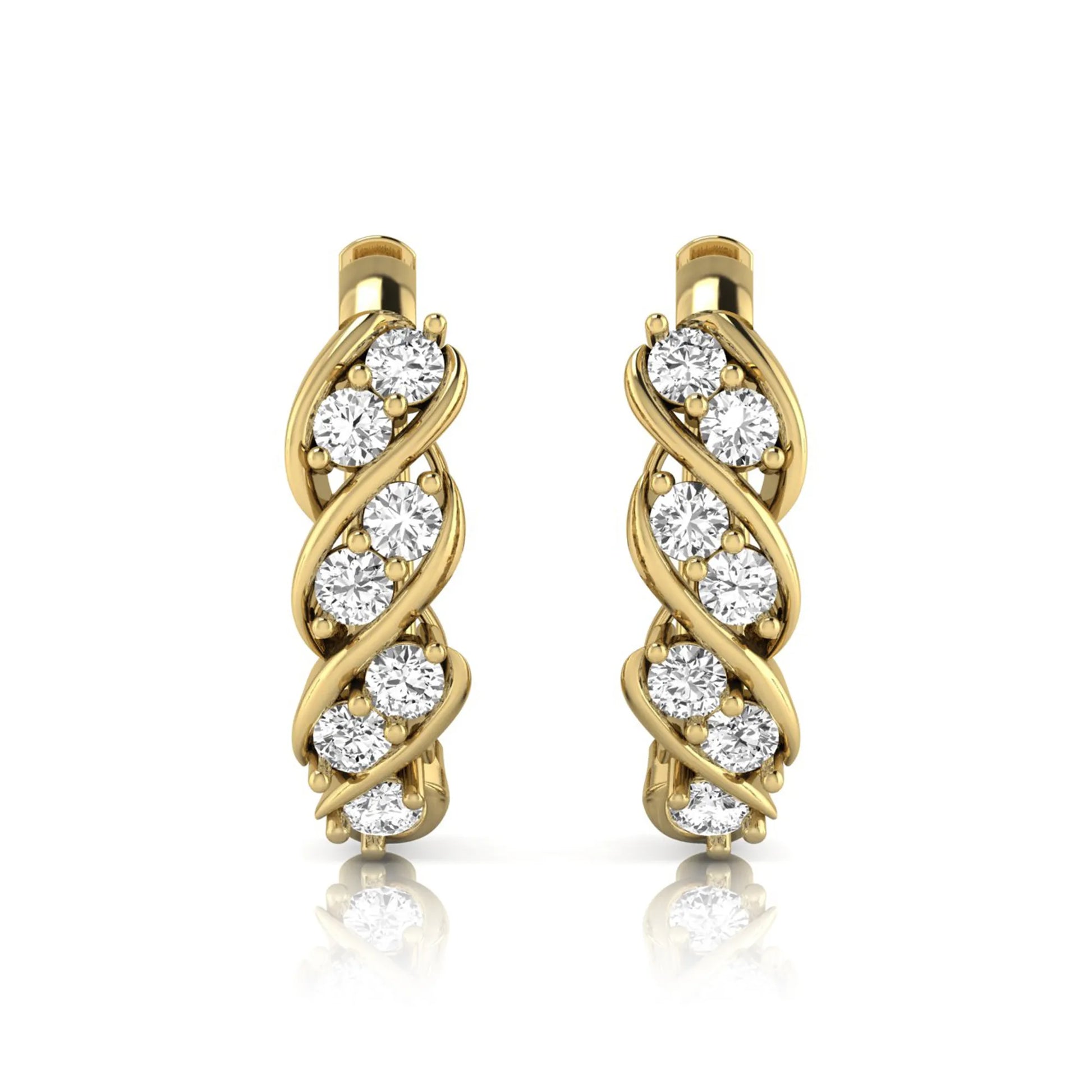 yellow gold Round cut lab grown diamond twisted hoop earrings with prong setting and hinged hoop closure
