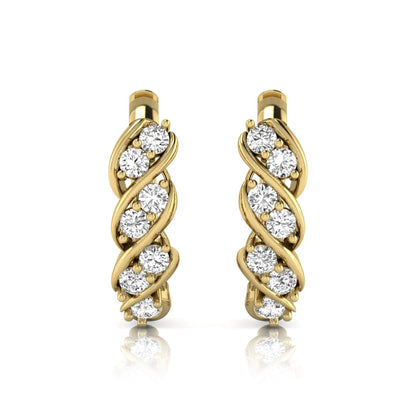 yellow gold Round cut lab grown diamond twisted hoop earrings with prong setting and hinged hoop closure