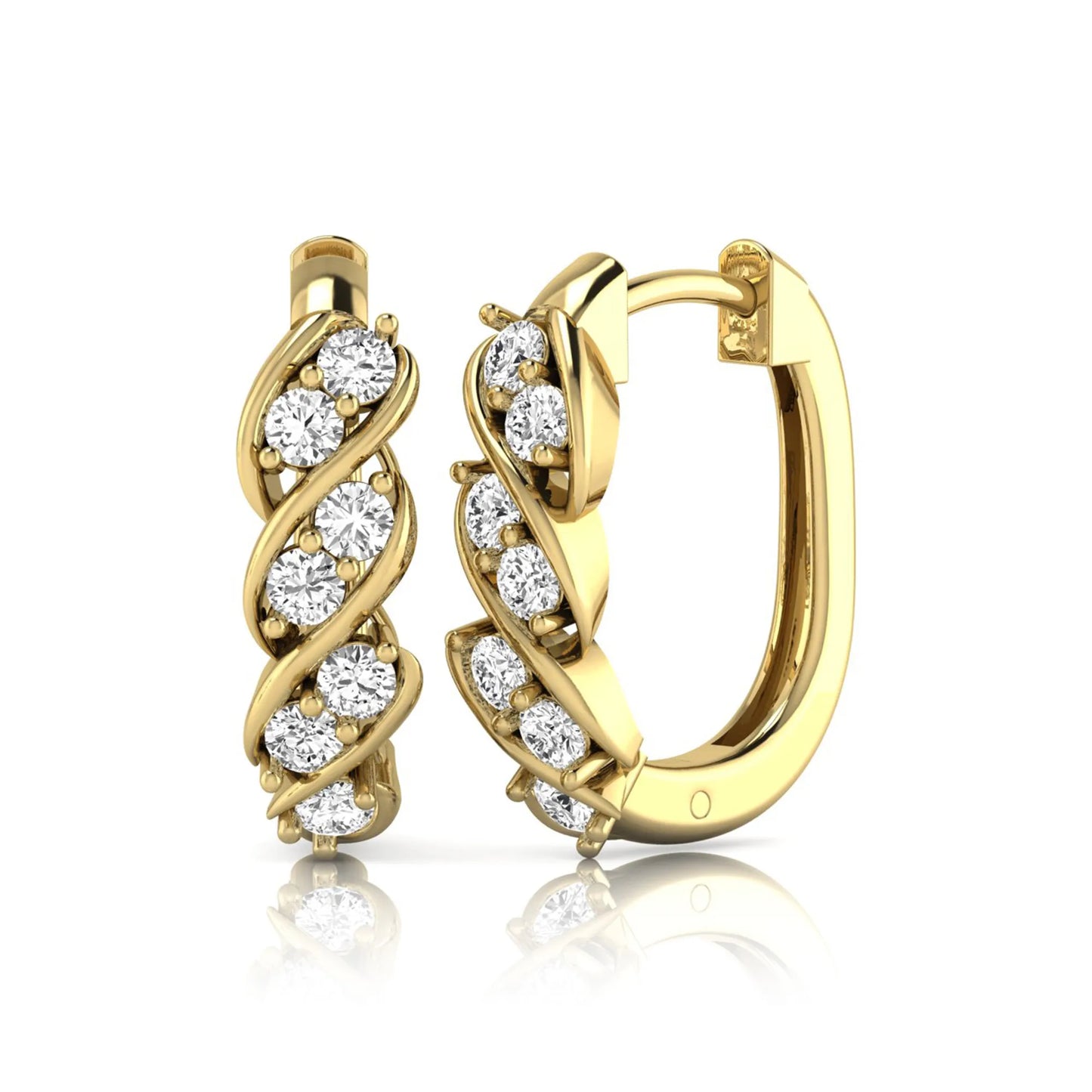 yellow gold Round cut lab grown diamond twisted hoop earrings with prong setting and hinged hoop closure