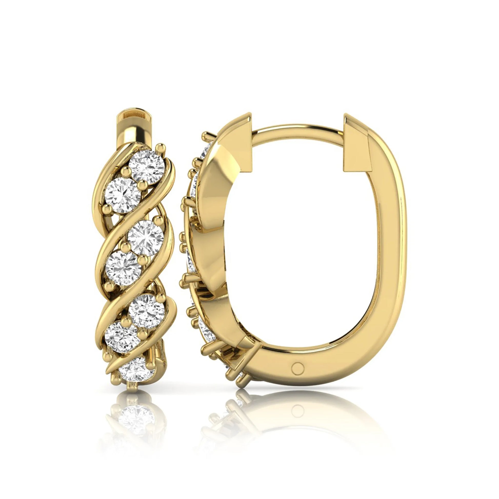 yellow gold Round cut lab grown diamond twisted hoop earrings with prong setting and hinged hoop closure