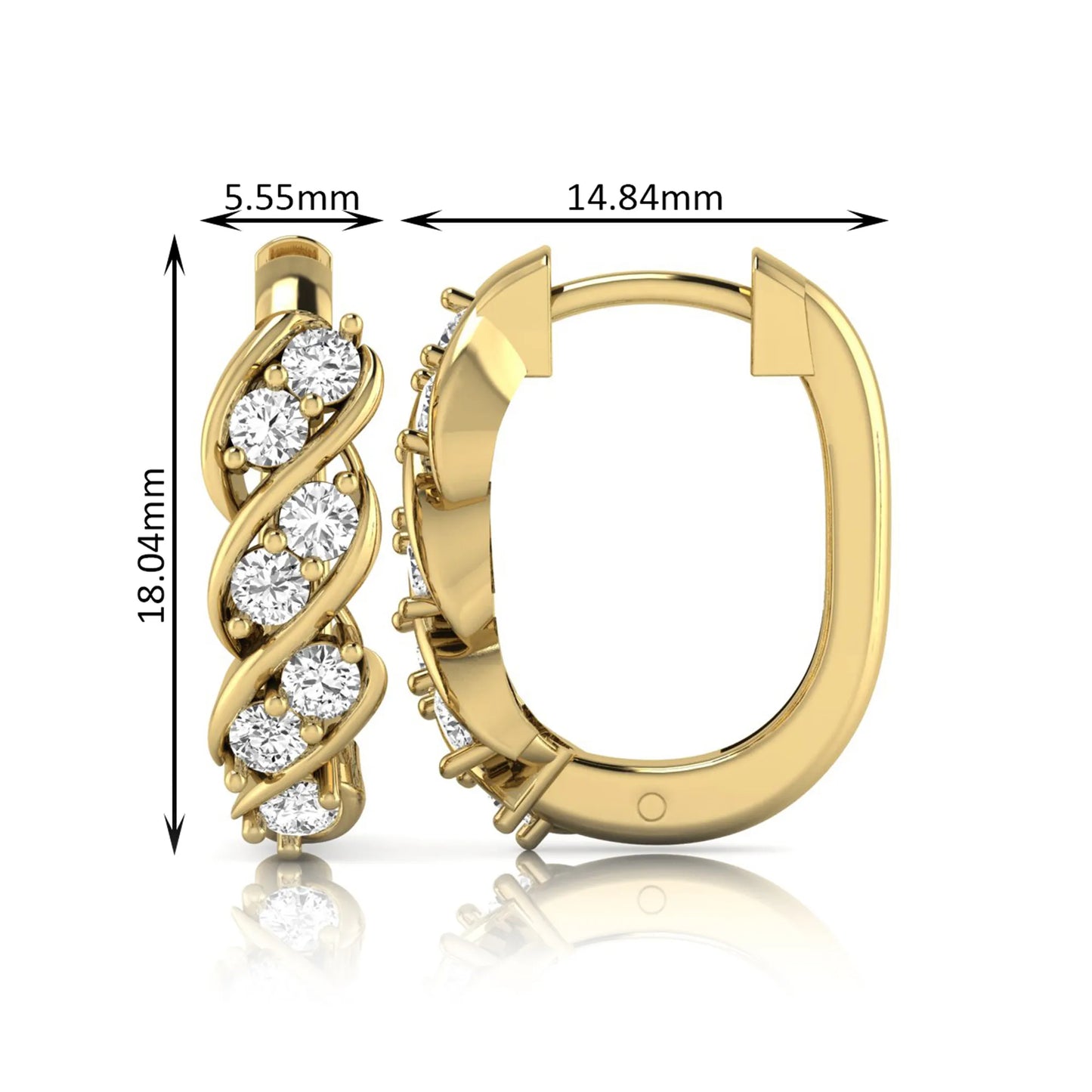 yellow gold Round cut lab grown diamond twisted hoop earrings with prong setting and hinged hoop closure