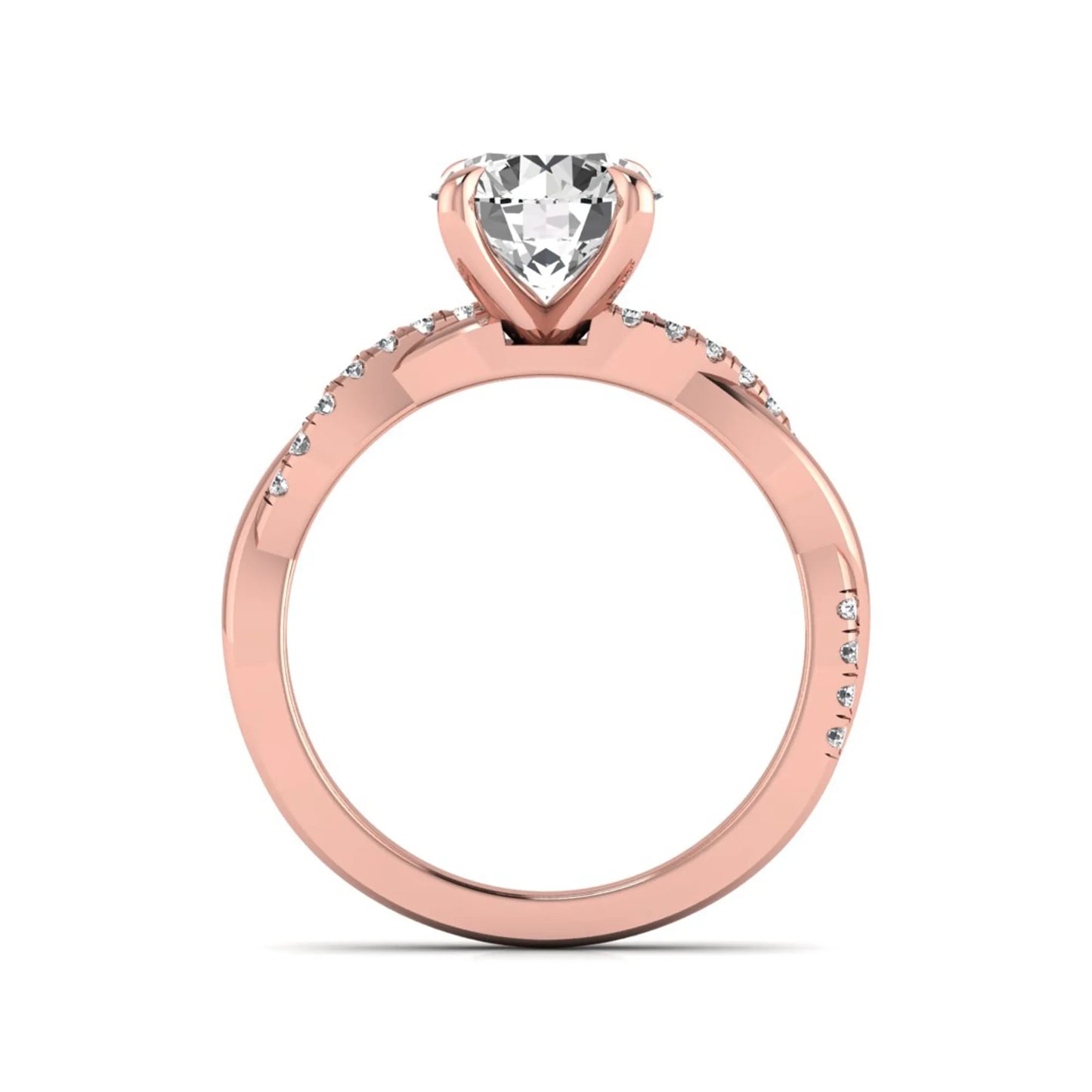 Round cut lab grown diamond twisted pavé engagement ring in rose gold featuring a 2.04 carat IGI certified center diamond.