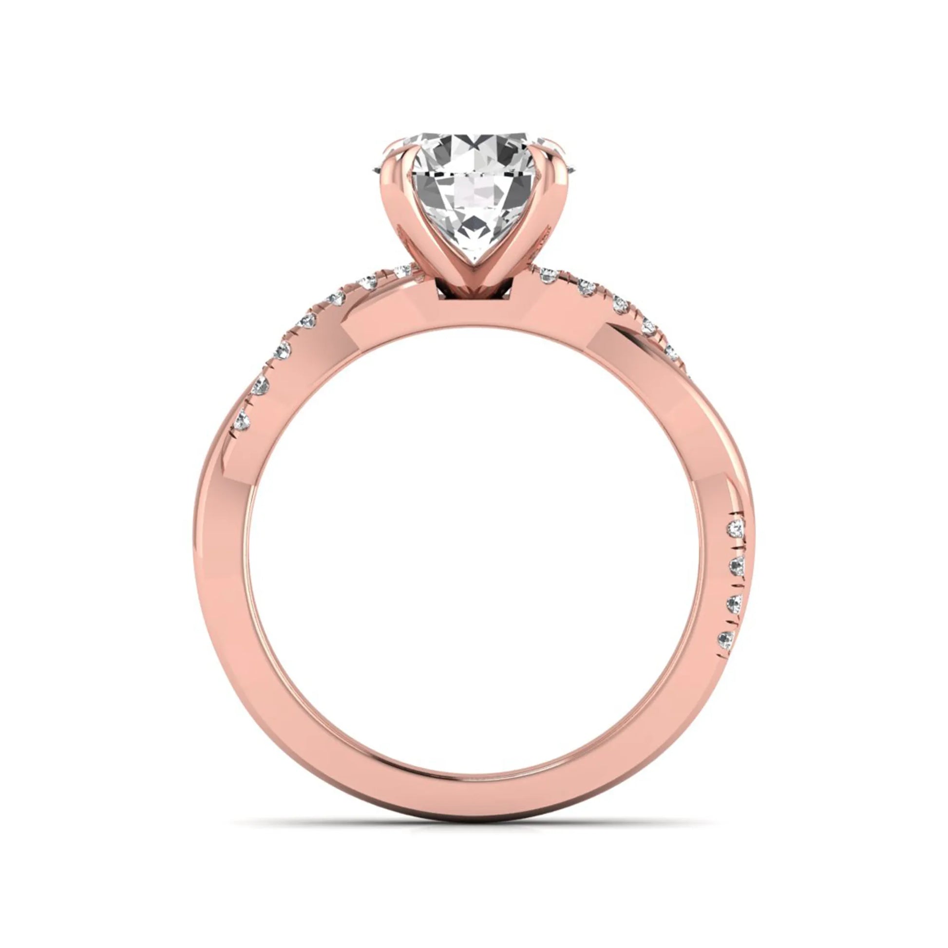 Round cut lab grown diamond twisted pavé engagement ring in rose gold featuring a 2.04 carat IGI certified center diamond.