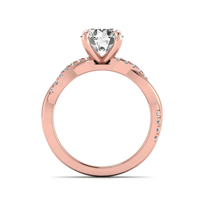 Round cut lab grown diamond twisted pavé engagement ring in rose gold featuring a 2.04 carat IGI certified center diamond.
