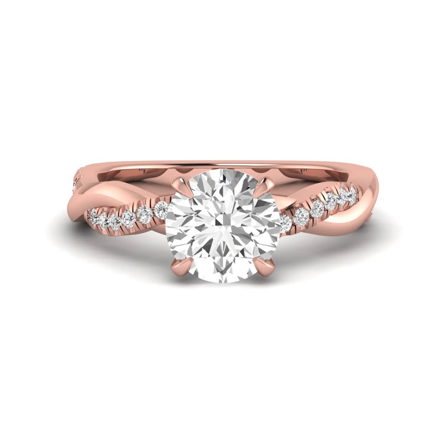 Round cut lab grown diamond twisted pavé engagement ring in rose gold featuring a 2.04 carat IGI certified center diamond.