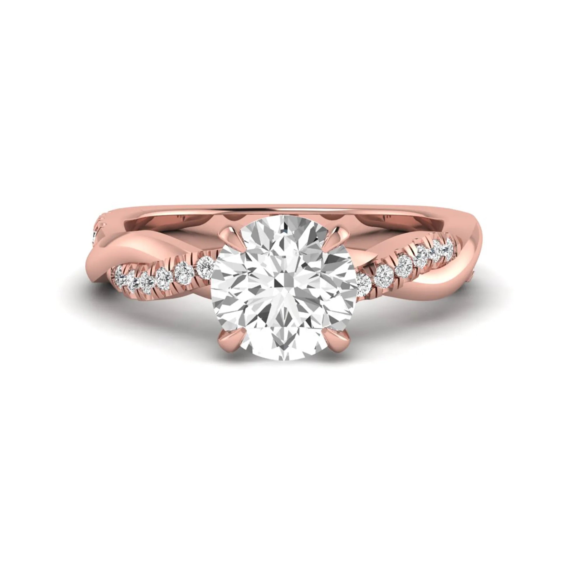 Round cut lab grown diamond twisted pavé engagement ring in rose gold featuring a 2.04 carat IGI certified center diamond.