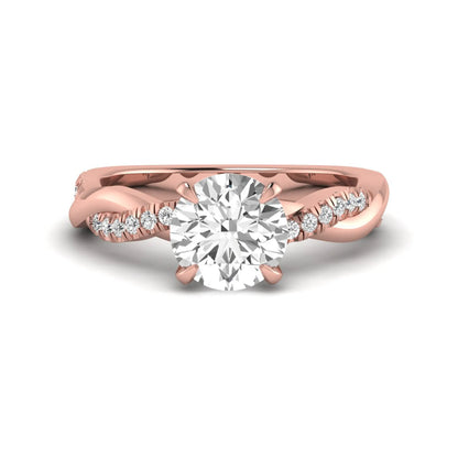 Round cut lab grown diamond twisted pavé engagement ring in rose gold featuring a 2.04 carat IGI certified center diamond.