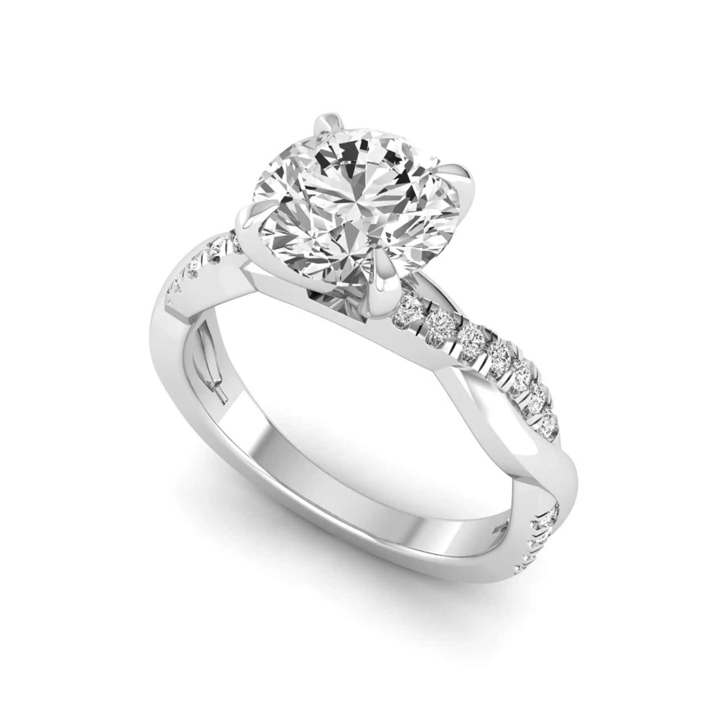 Round cut lab grown diamond twisted pavé engagement ring in white gold featuring a 2.04 carat IGI certified center diamond.