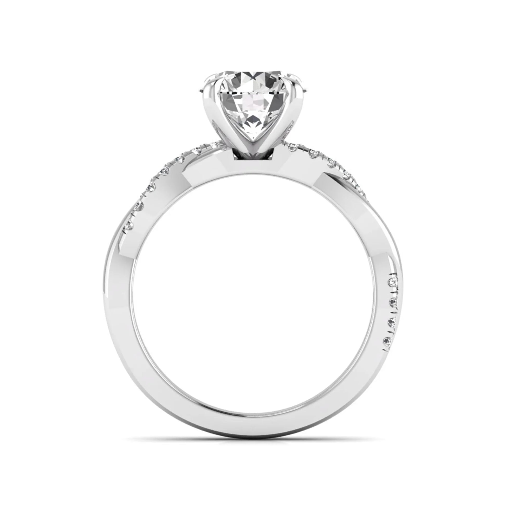 Round cut lab grown diamond twisted pavé engagement ring in white gold featuring a 2.04 carat IGI certified center diamond.