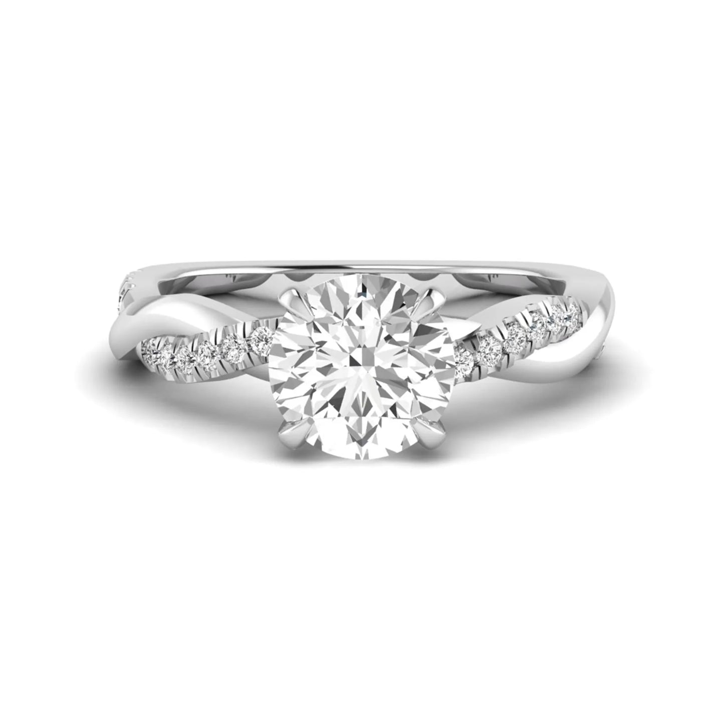 Round cut lab grown diamond twisted pavé engagement ring in white gold featuring a 2.04 carat IGI certified center diamond.