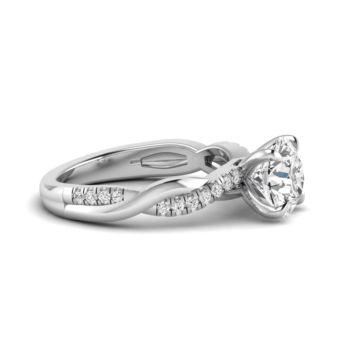 Round cut lab grown diamond twisted pavé engagement ring in white gold featuring a 2.04 carat IGI certified center diamond.
