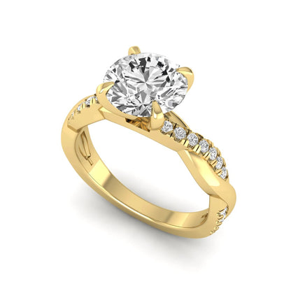 Round cut lab grown diamond twisted pavé engagement ring in yellow gold featuring a 2.04 carat IGI certified center diamond.