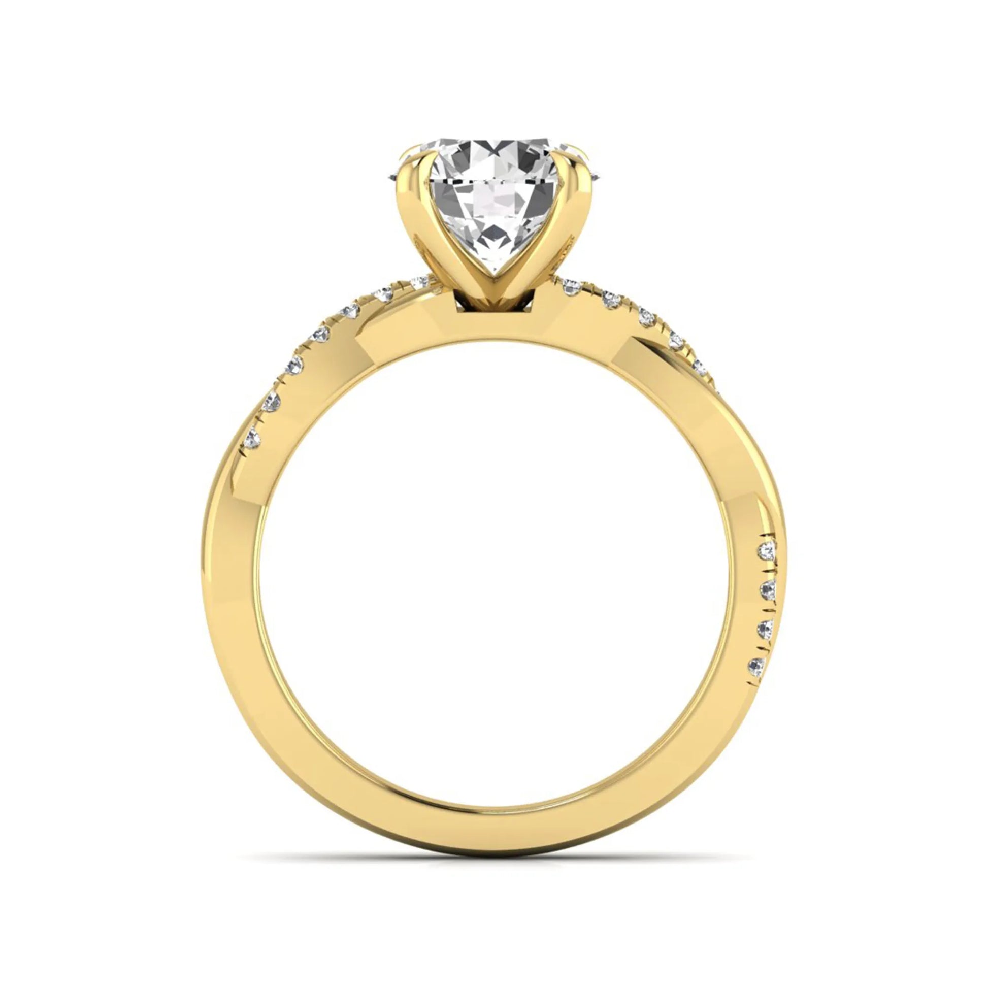 Round cut lab grown diamond twisted pavé engagement ring in yellow gold featuring a 2.04 carat IGI certified center diamond.