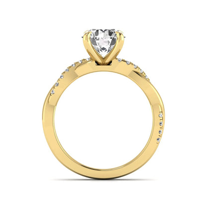 Round cut lab grown diamond twisted pavé engagement ring in yellow gold featuring a 2.04 carat IGI certified center diamond.