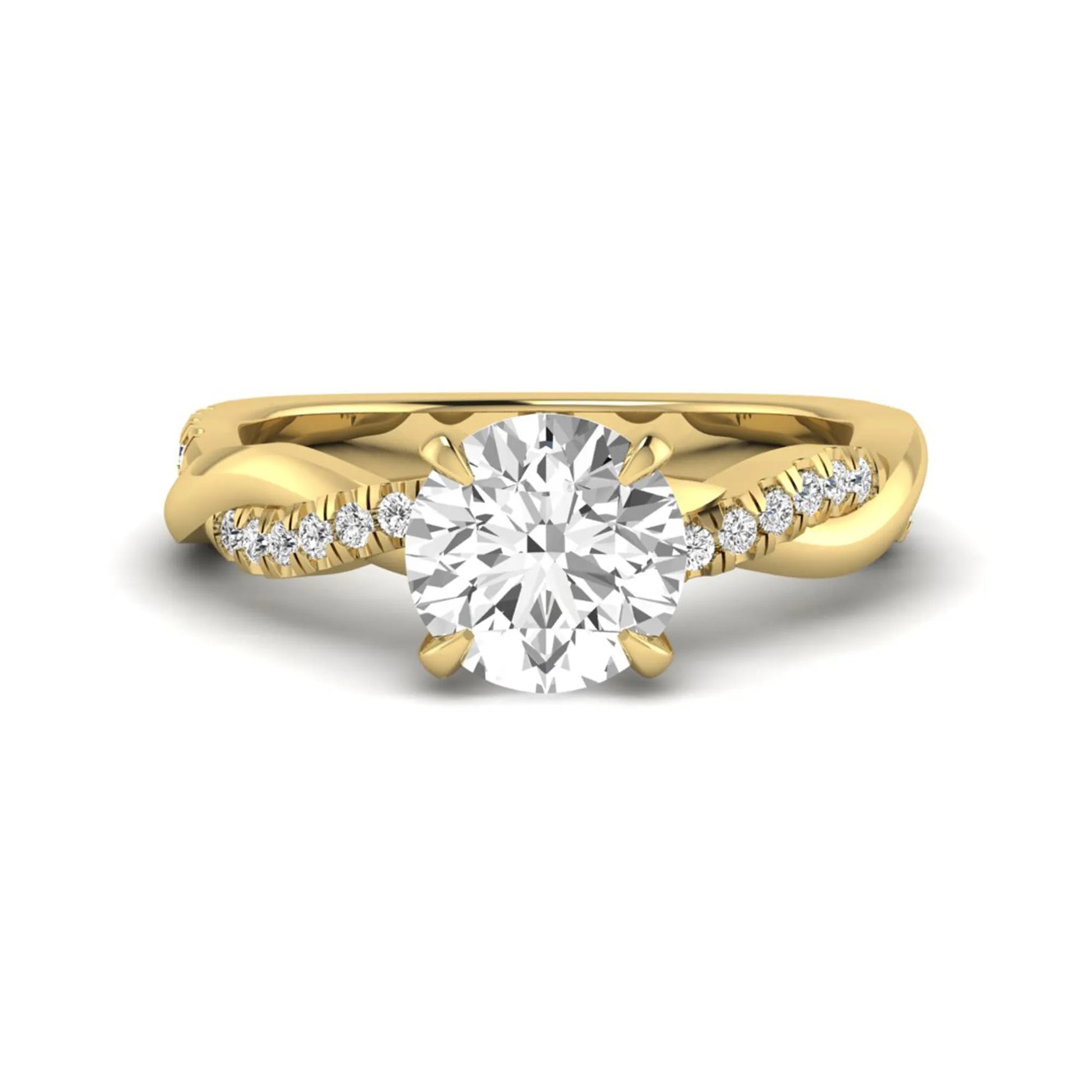Round cut lab grown diamond twisted pavé engagement ring in yellow gold featuring a 2.04 carat IGI certified center diamond.