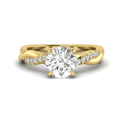 Round cut lab grown diamond twisted pavé engagement ring in yellow gold featuring a 2.04 carat IGI certified center diamond.