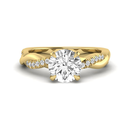 Round cut lab grown diamond twisted pavé engagement ring in yellow gold featuring a 2.04 carat IGI certified center diamond.