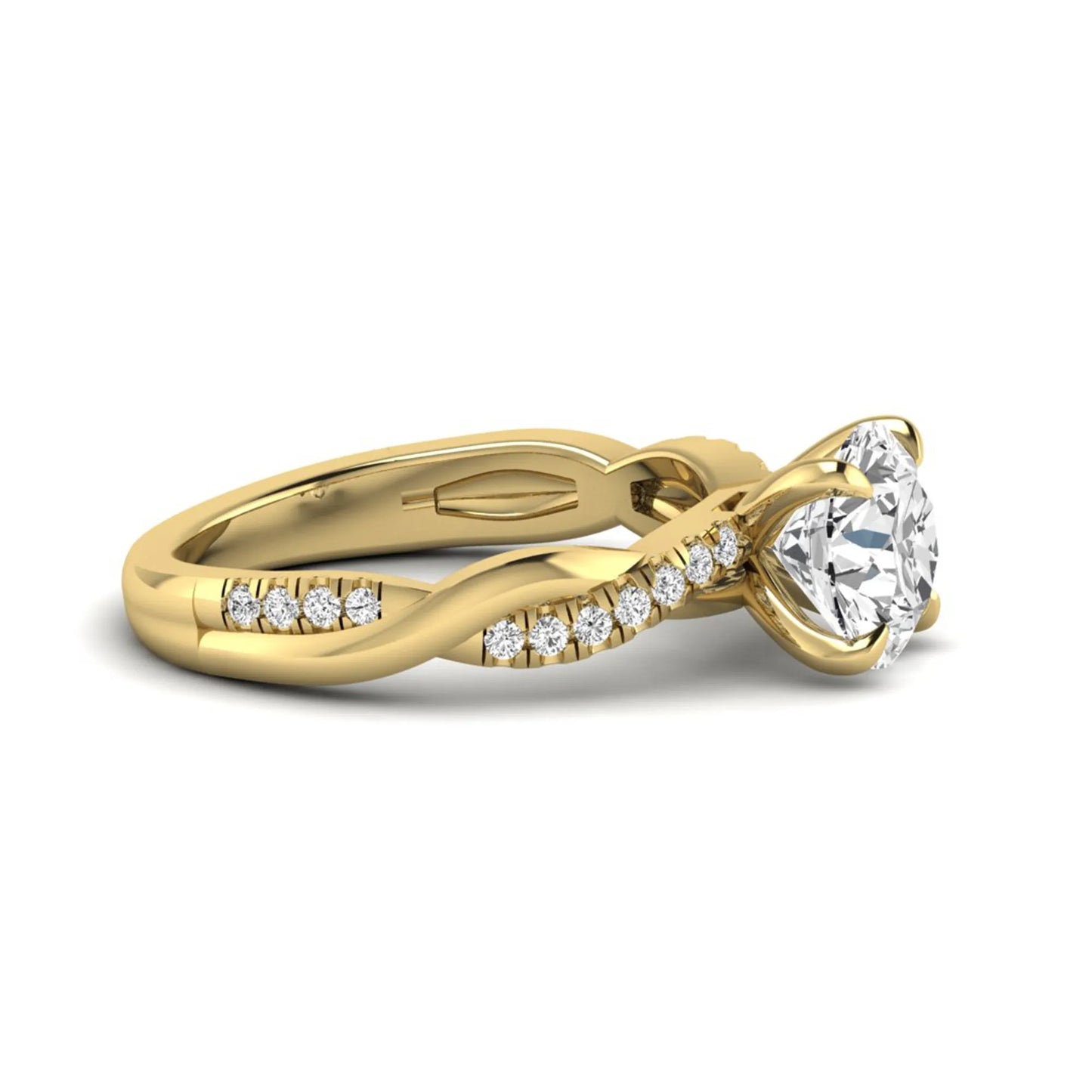 Round cut lab grown diamond twisted pavé engagement ring in yellow gold featuring a 2.04 carat IGI certified center diamond.