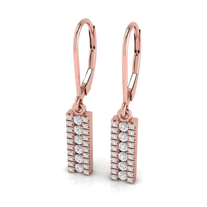 Round lab grown diamond vertical bar drop earrings featuring three rows of round brilliant diamonds in a modern geometric lever back design in rose gold