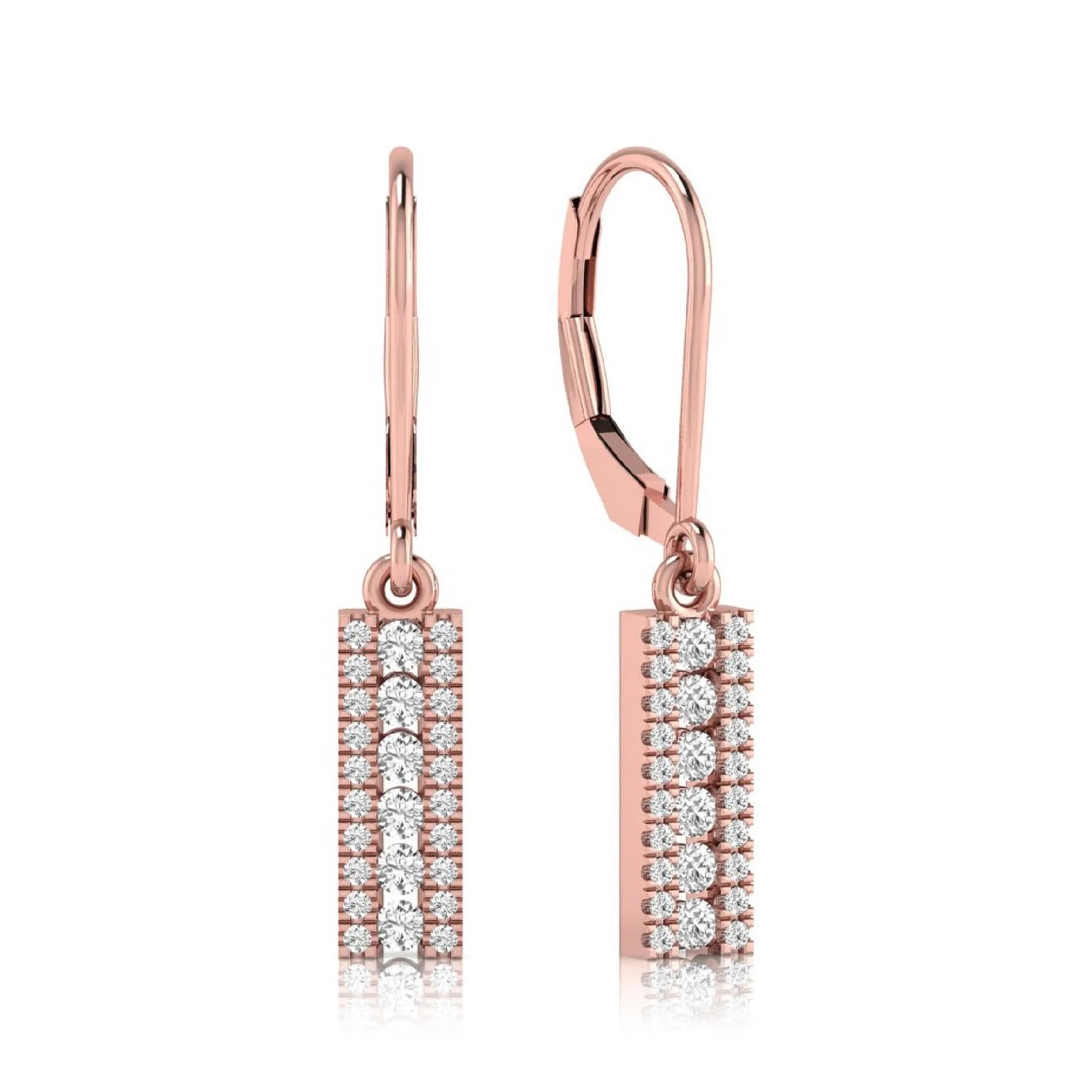 Round lab grown diamond vertical bar drop earrings featuring three rows of round brilliant diamonds in a modern geometric lever back design in rose gold