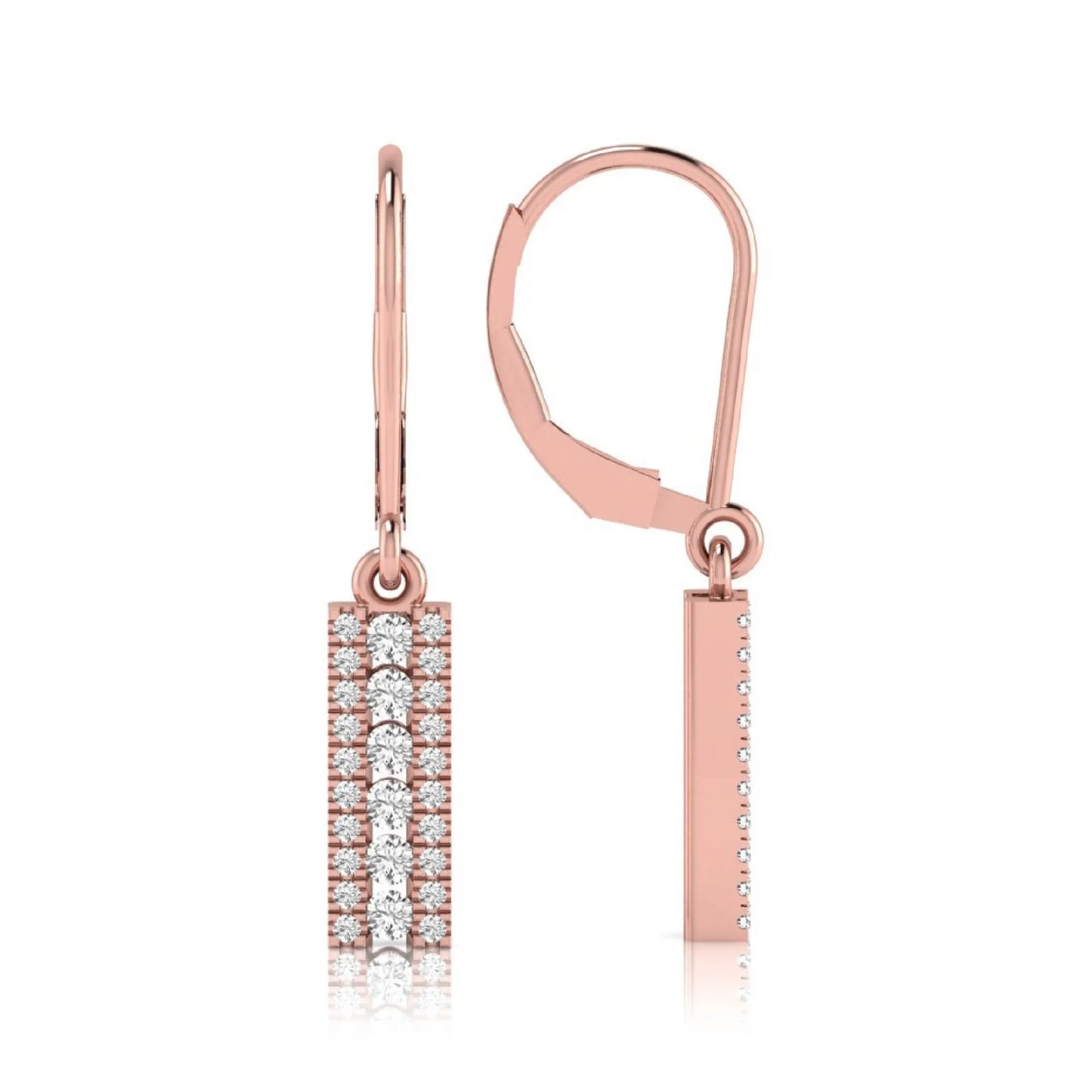 Round lab grown diamond vertical bar drop earrings featuring three rows of round brilliant diamonds in a modern geometric lever back design in rose gold