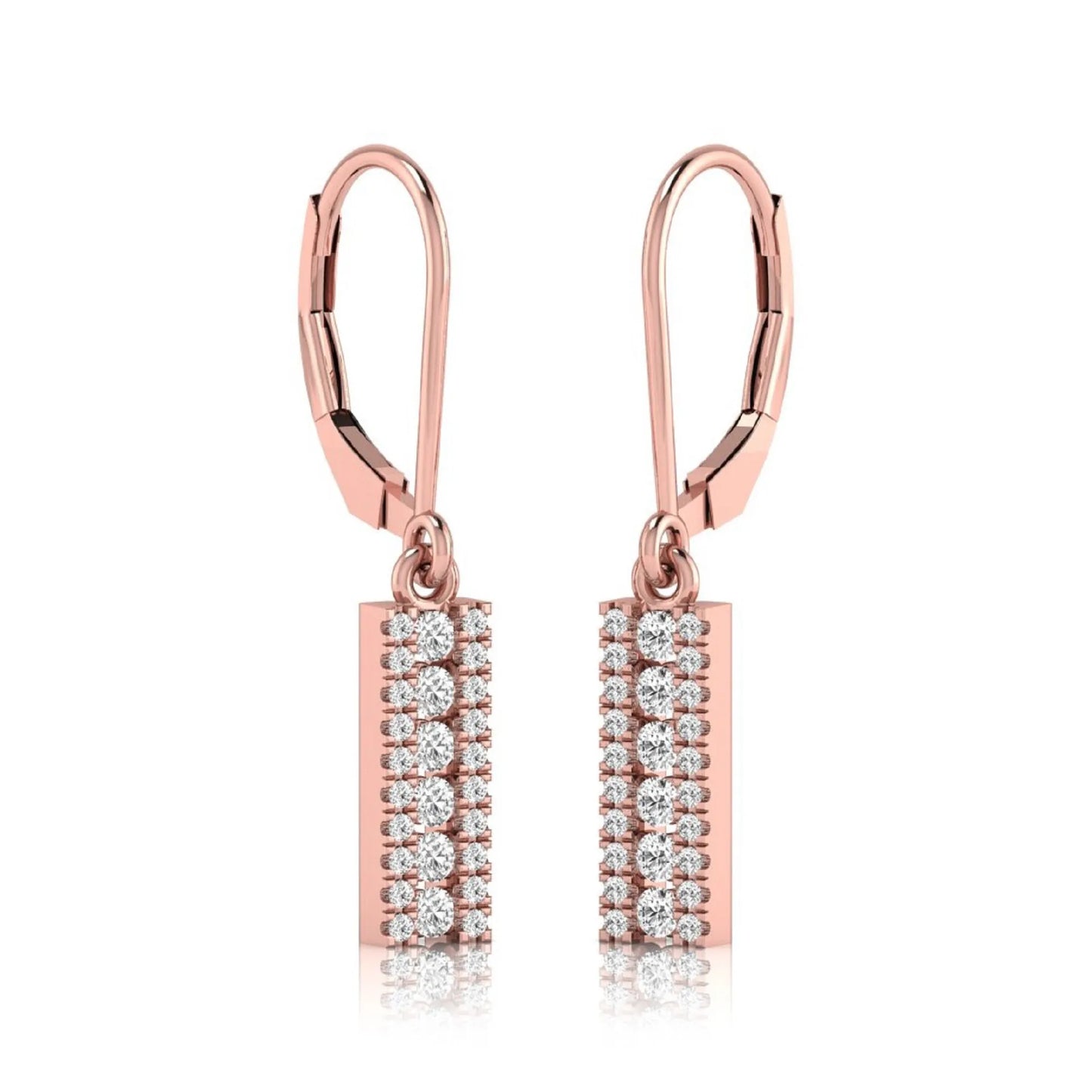 Round lab grown diamond vertical bar drop earrings featuring three rows of round brilliant diamonds in a modern geometric lever back design in rose gold