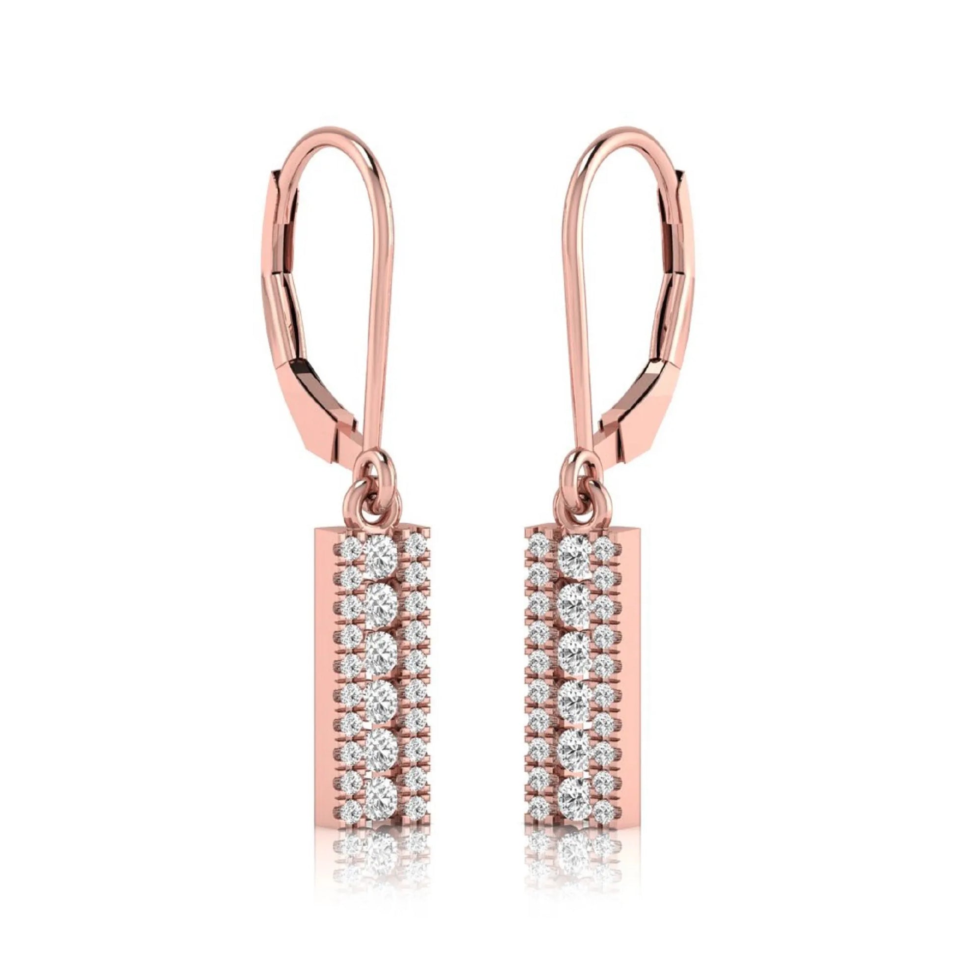 Round lab grown diamond vertical bar drop earrings featuring three rows of round brilliant diamonds in a modern geometric lever back design in rose gold