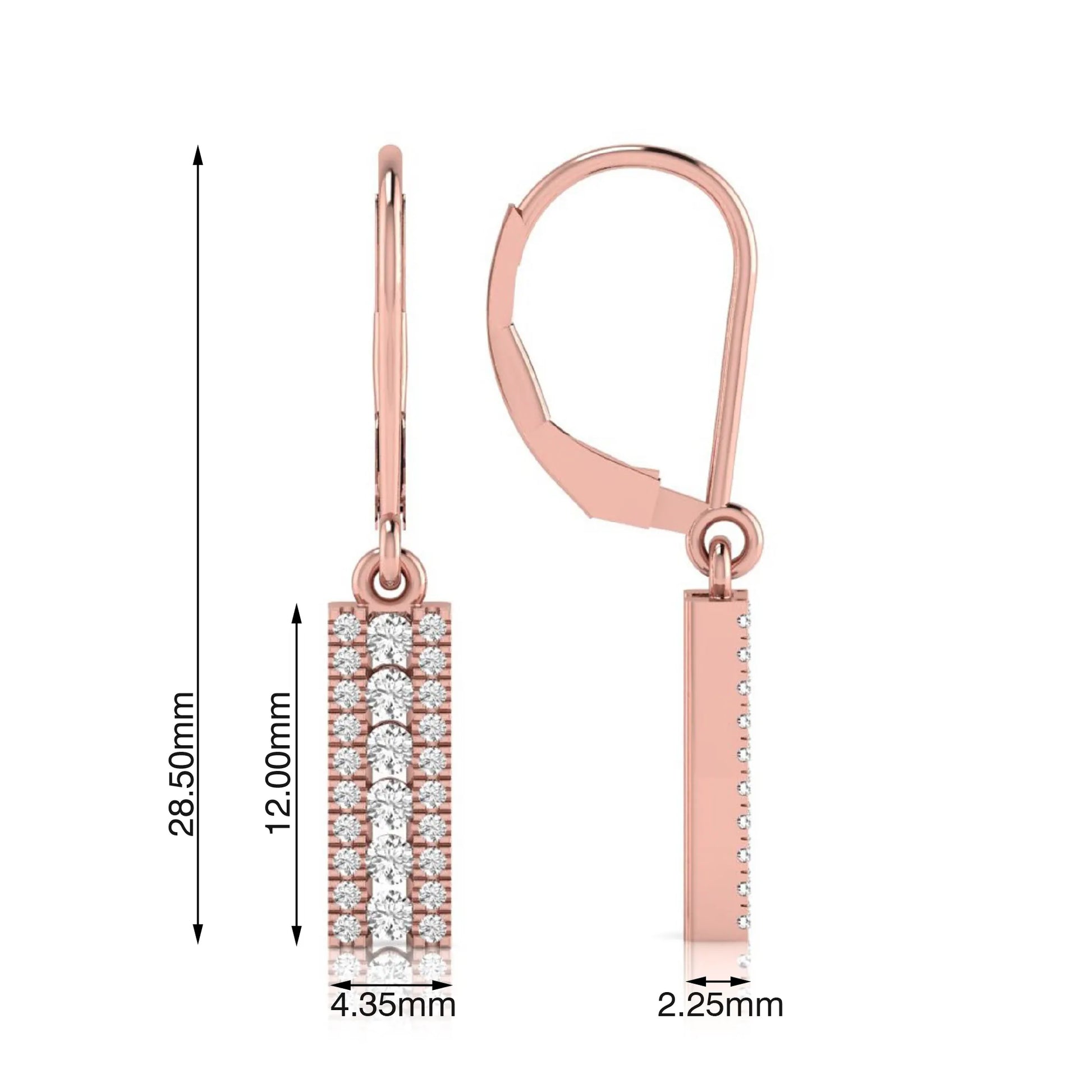 Round lab grown diamond vertical bar drop earrings featuring three rows of round brilliant diamonds in a modern geometric lever back design in rose gold